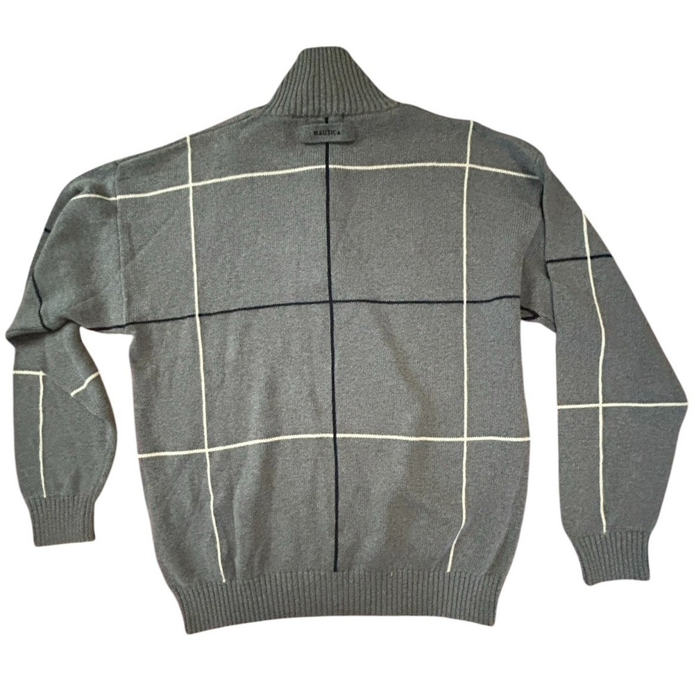 Nautica NWT 1/4 Zip Sweater Gray Windowpane Plaid SZ L Mens - Picture 2 of 5